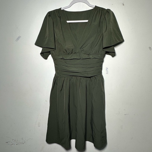 Olive Army Green V-Neck Flutter‎ Sleeve Ruched Waist A-Line Mini Dress small - Picture 12 of 15